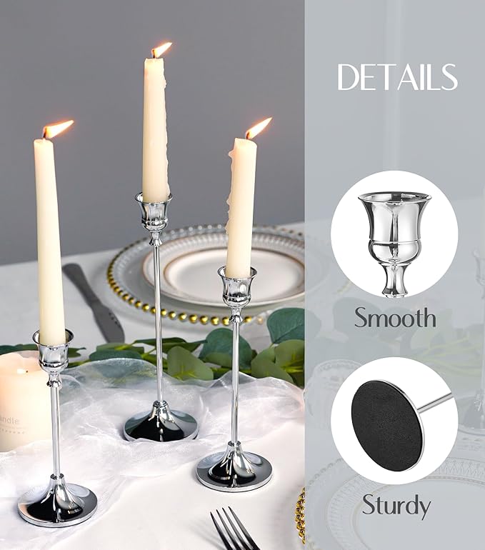 Candlestick Holders Taper Candle Holders, Set of 3 Silver Candle Holder Set, Vintage Table Centerpiece for Wedding Christmas Holiday