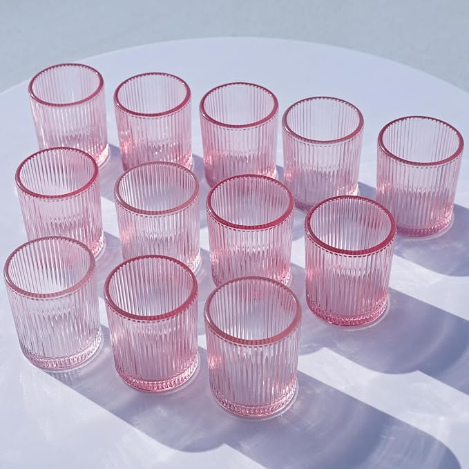 VOHO Pink Candle Holder Set of 12, Ribbed Votive Candle Holders for Pink Room Decor, Tealight Candle Holder Romantic Gifts for Valentine Christmas Decorations(2.1'' x 2.6'')