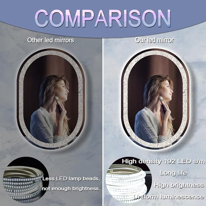 40 x 20 Inch Crystal Oval Vanity Mirror with Lights 3 Color Memory Function Dimmable Antifog 40 Inch Diamond Crystal LED Oval Lighted Mirror for Bathroom Salon Wall Horizontal/Vertical Mount