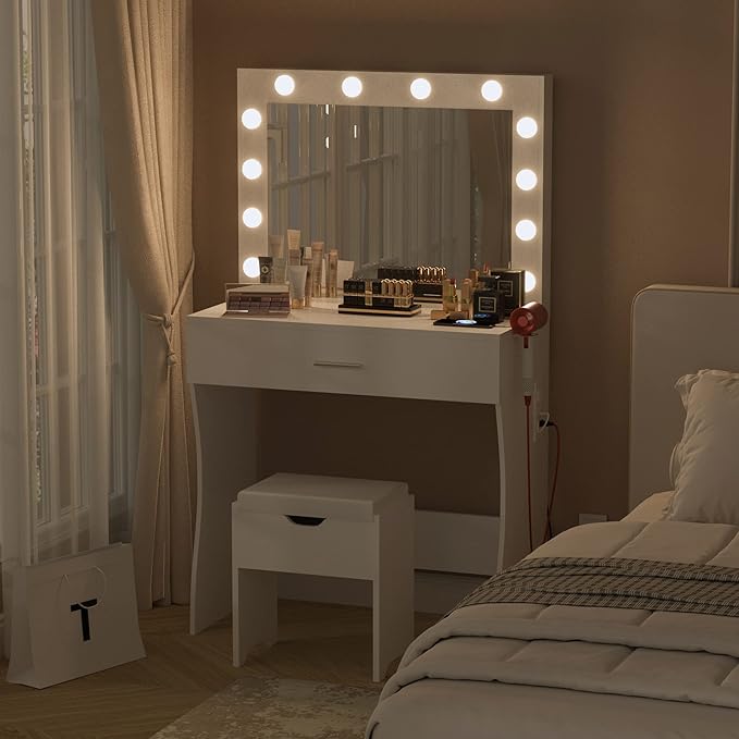 Vanity Table Set with Lighted Mirror - Makeup Vanity with Charging Station, Large Drawer Sturdy Wood Vanity with Lights, 3 Color Modes, Adjustable Brightness, White