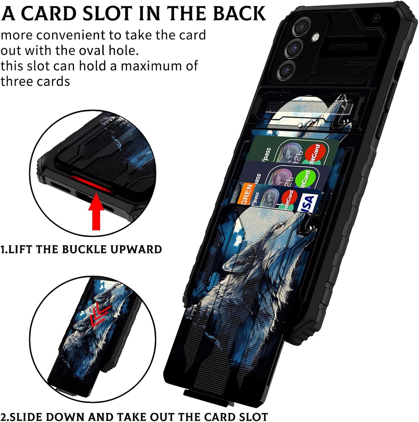 Galaxy A15 5G Wallet Case with Card Holder and Kickstand, Dual Layer Heavy-Duty Shockproof Case, Roaring Wolf
