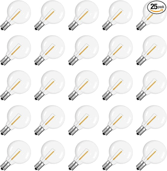 Meconard G40 1.57 Inch Led Replacement Light Bulbs, E12 Screw Base Shatterproof LED Small Globe Light Bulbs for Outdoor String Lights, 1Watt Equvalent to 5 Watt Incandescent Bulbs, Warm White, 25Pack