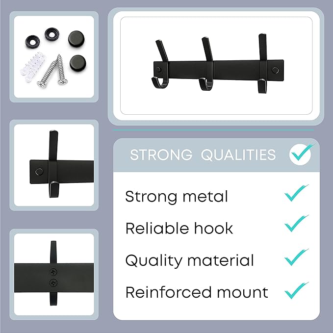 Matte Black Small Coat Rack Wall Mount – 9 Inch Stainless Steel Hook Rail with 3 Double Coat Hooks – Wall Mounted Entryway Organizer for Coats, Hats, Bags, Towels, Robes, Closet or Bathroom