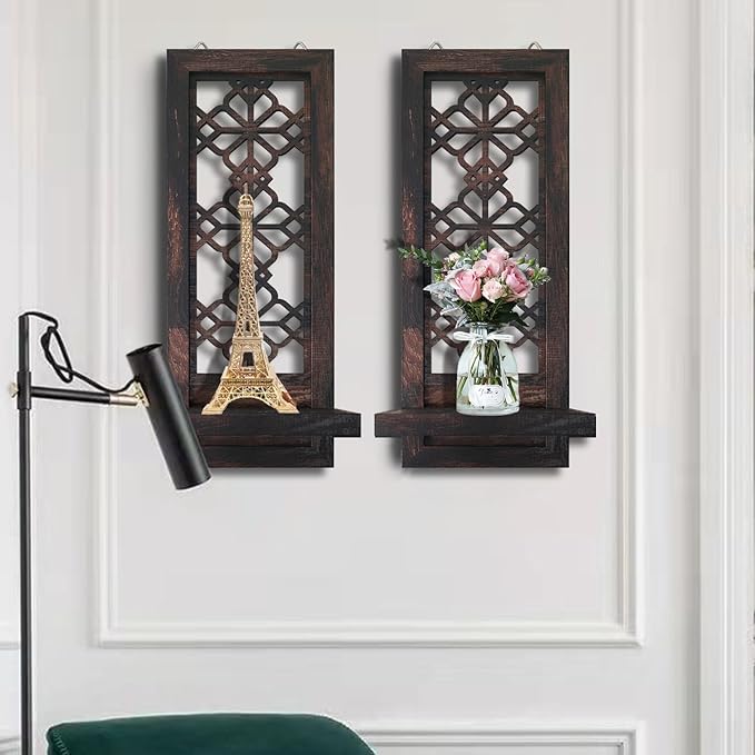 Set of 2 Candle Sconces, Farmhouse Accent Wall Sconce, Caramel Color Candle Holder Wall Decorations for Home Décor, Living Room, Dining Room.(15 x6 in)