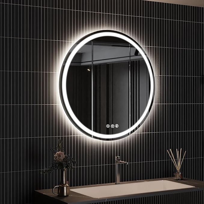 ROOMTEC LED Mirror,28" Round Backlit & Front-lit Vanity, Adjustable 3000K/4000K/6000K, Anti-Fog, Smart Touch, Stepless Dimmable