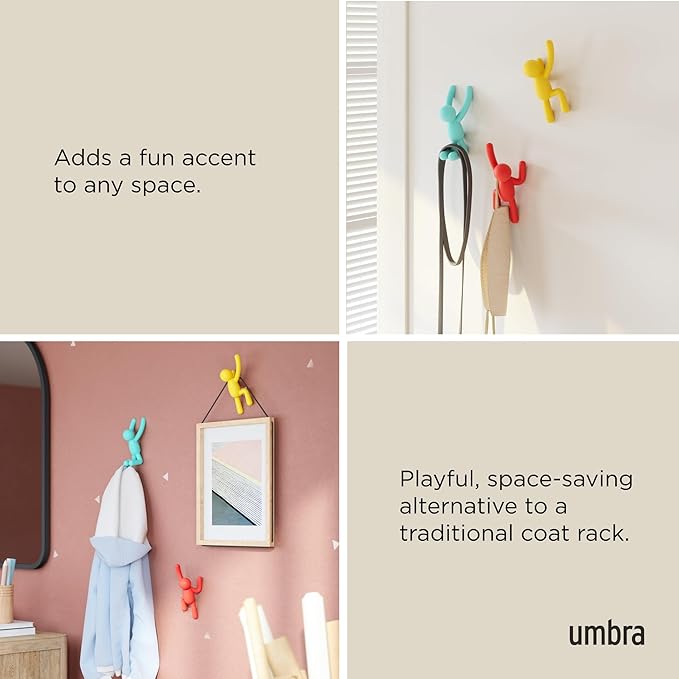 Umbra Buddy Wall Hooks – Decorative Wall Mounted Coat Hooks for Hanging Coats, Scarves, Bags, Purses, Backpacks, Towels and More, Set of 3, Bright Multicolored