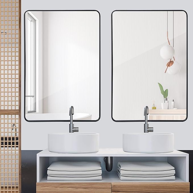 SUPER DEAL 24x36 Inch Black Wall Mirror for Bathroom, Wall Mounted Rectangular Entryways Decor Vanity Mirrors with Stainless Steel Metal Frame and Rounded Edge (2)