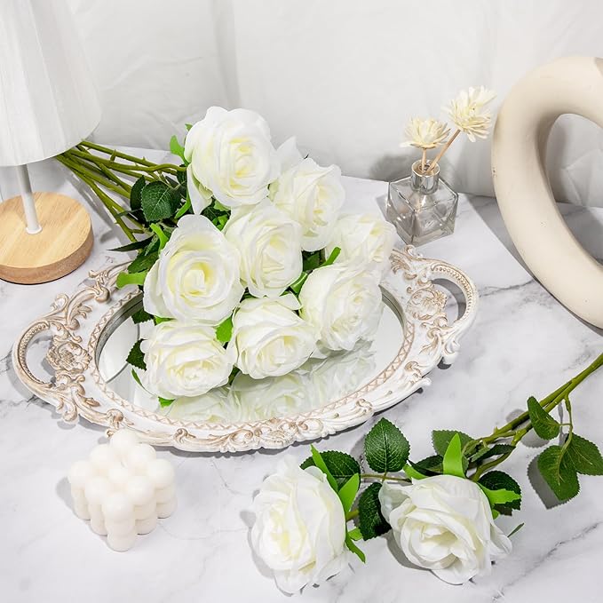 Ouddy Decor 20 Pcs Red Roses Artificial Silk Flowers Fake Roses Bouquet with Long Stems for Valentines Day Decor Wedding Home Party Table Centerpieces Bridal Bouquet DIY Floral Arrangment, White