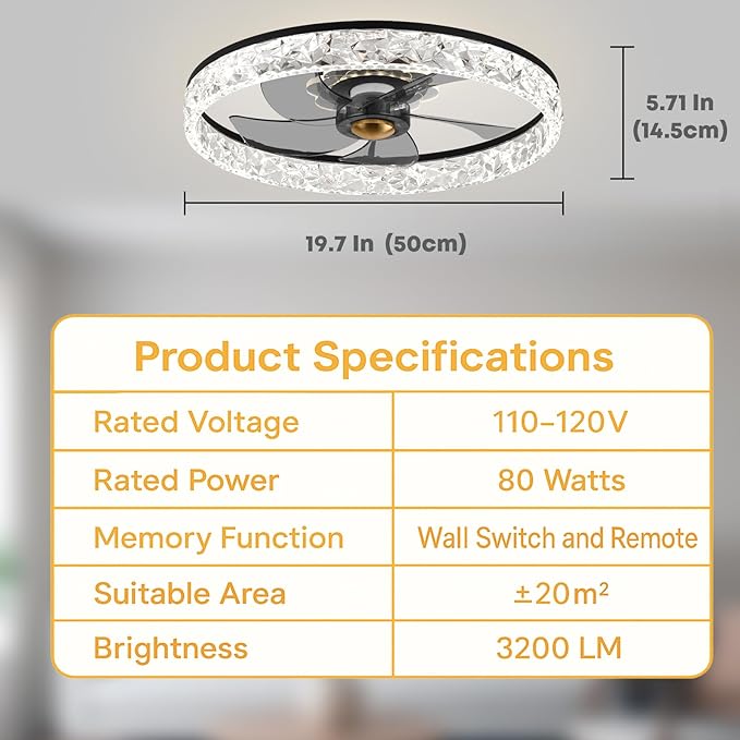 20'' Ceiling Fan with Light, Upgraded Low Profile Fan, Flush Mount Ceiling Fan, 6 Speeds, Dimmable LED, App & Remote Control, Quiet DC Motor, for Bedroom, Living Room, F098 Black