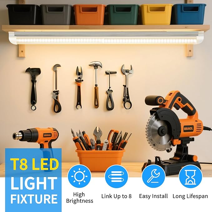 CNSUNWAY LED Shop Light 2FT, 20W 3000LM, 3000K Warm White, T8 LED Tube Lights, Ceiling and Utility Shop Lights, Linkable Light Fixture for Room, Garage, Workbench, ETL Listed (Pack of 2)