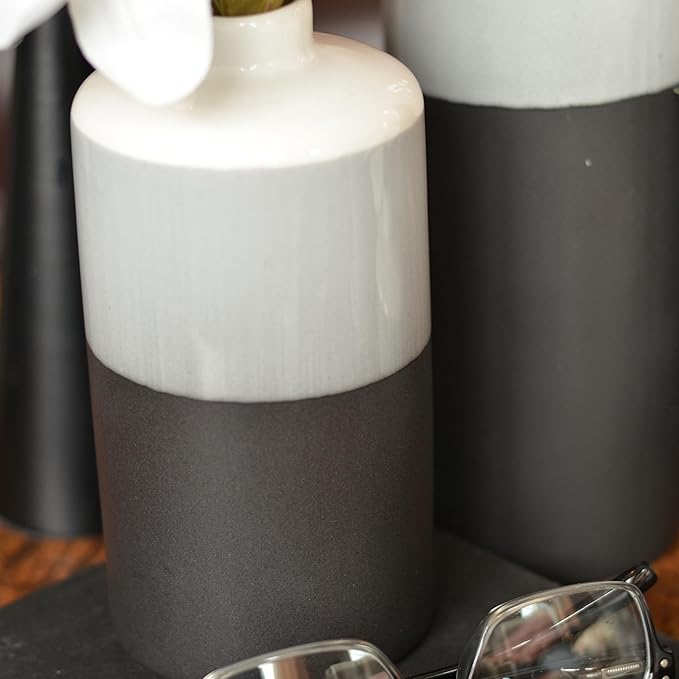 Iconic Dipped Scandinavian Style Bud Vases, Set of 3, Glazed Porcelain, Tonal Shades, Pale Grey, Grey, and Black, Round, 11.5, 7, 4.25 Inches