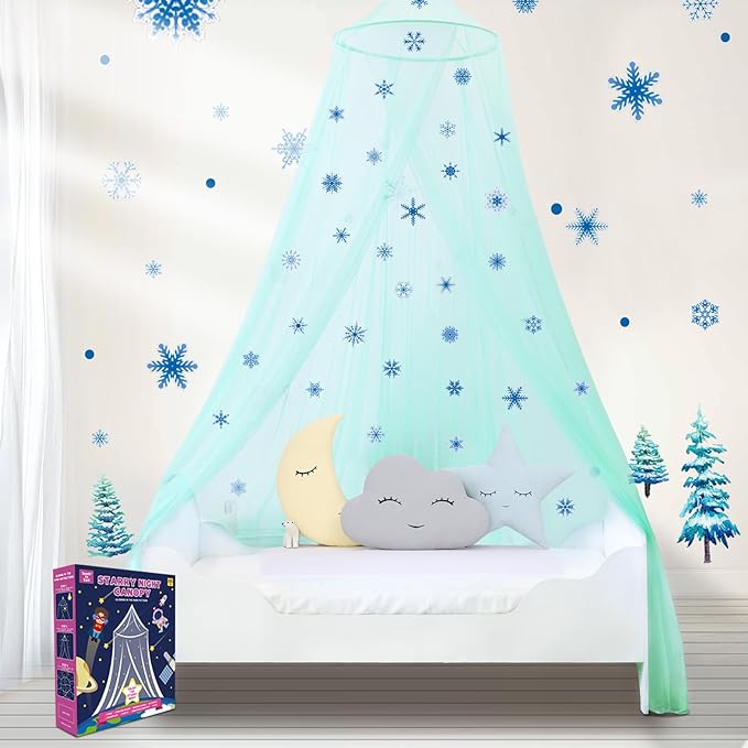 South to East Bed Canopy for Girls with Glowing Snow in The Dark, Cyan Princess Bed Curtains for Kids Bed & Toddler Bed, Twin, Full & Queen, Mosquito Net Canopy for Girls