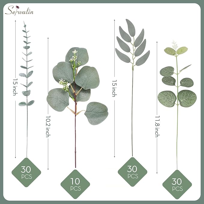 Serwalin 100pcs Artificial Mixed Eucalyptus Stems Leaveas Bulk, 4Kinds Fake Grennery Silver Dollar Eucalyptus Leaves Picks,Faux Greenry Stems Sprays for DIY Bouquets Floral Arrangement Home Decor