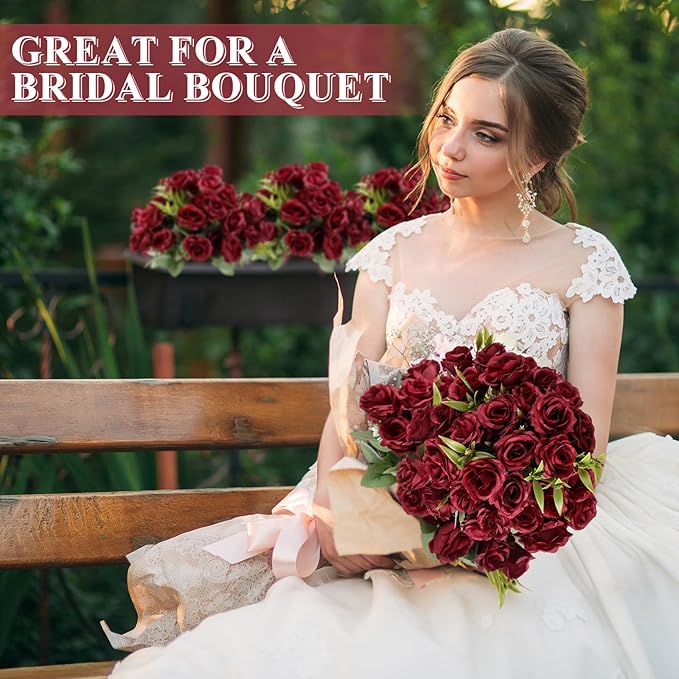 Zeyune 8 Pack 12 Inch Wedding Bouquets for Bride Bridesmaid Burgundy Artificial Rose Bouquet Fake Silk Roses Flowers Bunches Bulk for Home Office Garden Parties Decoration