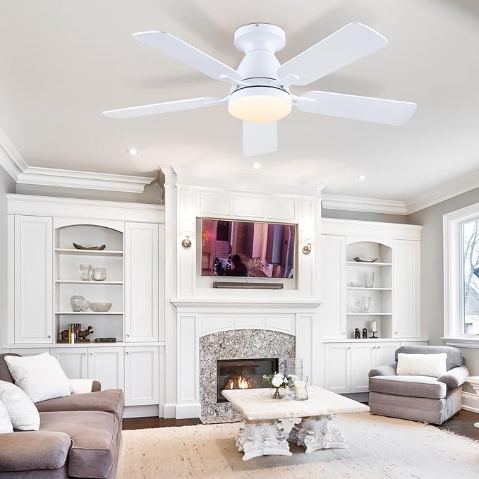 Ceiling Fans-46Inch Low Profile Indoor Ceiling Fan with Light and Remote/APP Control, Dimmable tri-Color temperatures LED,Quiet Reversible Motor,5 Blades Modern Ceiling Fans for Indoor