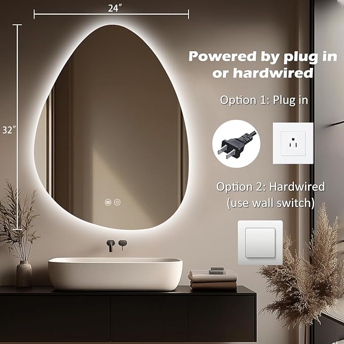 LED Light Bathroom Mirror 24x32, Stepless Dimmable Irregular LED Mirror with 3 Colors, Anti-Fog, Memory, Al-Alloy Lampshade, Frameless Makeup Mirror for Bathroom (Horizontal/Vertical)