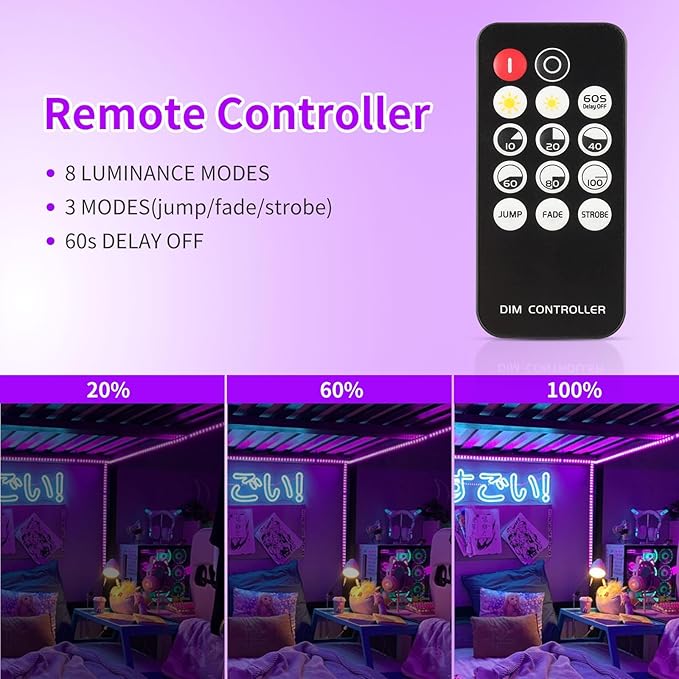20ft Black Light Strip with Remote, 360 LED Lamp Beads, 12V Flexible Lights for Glow Party, Adjust Brightness, Delay Off, 3 Light Modes, Indoor Fluorescent Party, Stage Lighting