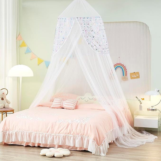 Unicorn Bed Canopy with Lights, Tent for Girls Room Decor, Twin to King Size Beds