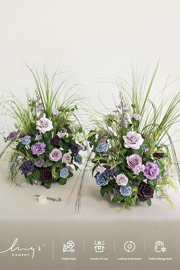Ling's moment 41" Tall Fall Free Standing Artificial Flowers Arrangements 2pcs Wedding Aisle Runner Chair Decoration Fake Sage Purple for Arch Entryway Ceremony Reception Church Rose Floral Party