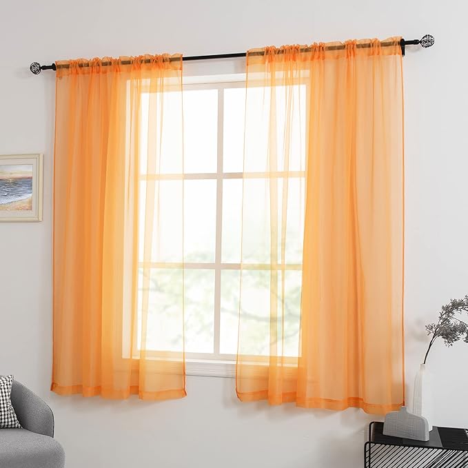 HUTO Orange Sheer Curtains 45 inches Long for Bedroom Top Rod Pocket Sheer Window Panels Curtains for Nursery Living Room 52 by 45 Inch Length Set of 2