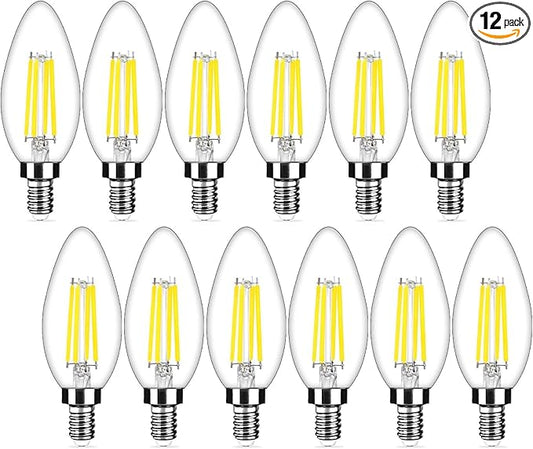 12-Pack Dimmable E12 LED Candelabra Bulbs 40Watt Equivalent, 5000K Daylight White, 450Lumens, 4W B11 Vintage Chandelier Light Bulbs, LED Filament Clear Glass Candle Lamp for Ceiling Fan Home Decor
