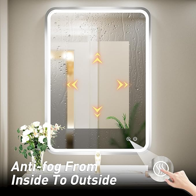 24x36 Inch LED Bathroom Mirror with Lights,Silver Metal Framed Brushed Lighted Vanity Mirror,Antifog Stepless Dimmable,Wall Mounted(Horizontal/Vertical)