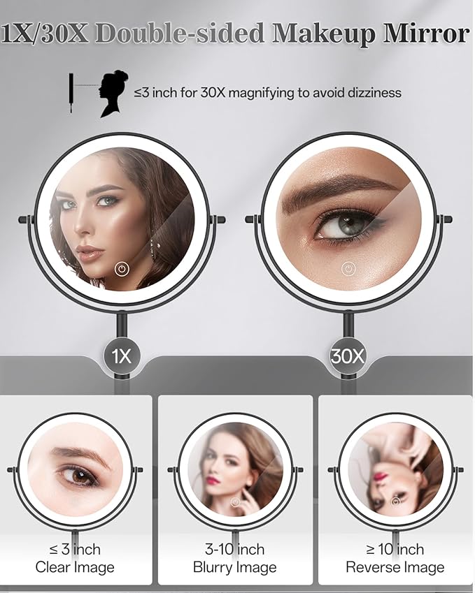 Makeup Mirror with Lights, 1X/30X Lighted Magnifying Mirror Height Adjustable, 3000mAh Rechargeable Double Sided Vanity Mirrors with 3 LED Lighting and Adjustable Brightness for Desk Women Gift