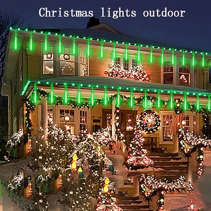 Kwaiffeo Green Icicle Lights, 16 Tubes Meteor Shower Lights(Equivalent to 2 Sets of 8-Tube) for Halloween Christmas Decorations Outdoor, Green Light for Xmas St. Patrick's Day Alien Decor, UL Plug