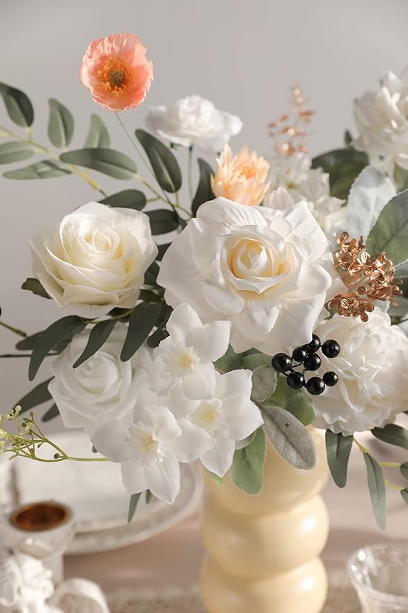 White Artificial Flowers Combo Silk Mix Fake Flowers Leaf for DIY Wedding Bouquets Centerpieces Arrangements Party Baby Shower Home Decorations