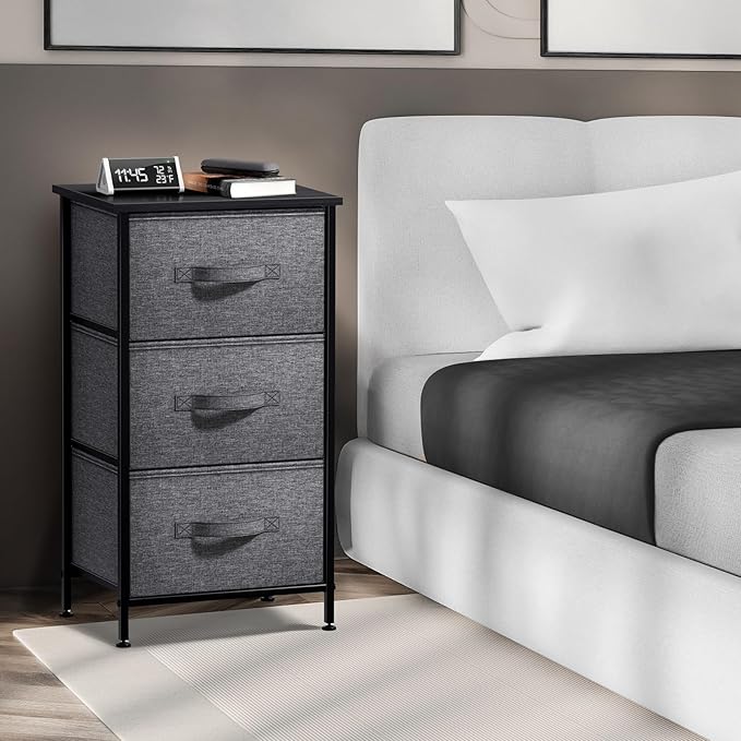 Sorbus Nightstand with 3 Drawers - Bedside Furniture & Night Stand End Table Dresser with Steel Frame, Wood Top, Easy Pull Fabric Bins for Home, Bedroom Accessories, Office & Dorm