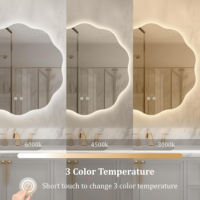 WallBeyond LED Bathroom Mirror with Lights, 24'' Wavy Round Light Up Bathroom Mirror, Anti Fog Led Mirror for Bathroom, 3 Colors and Dimmable Light