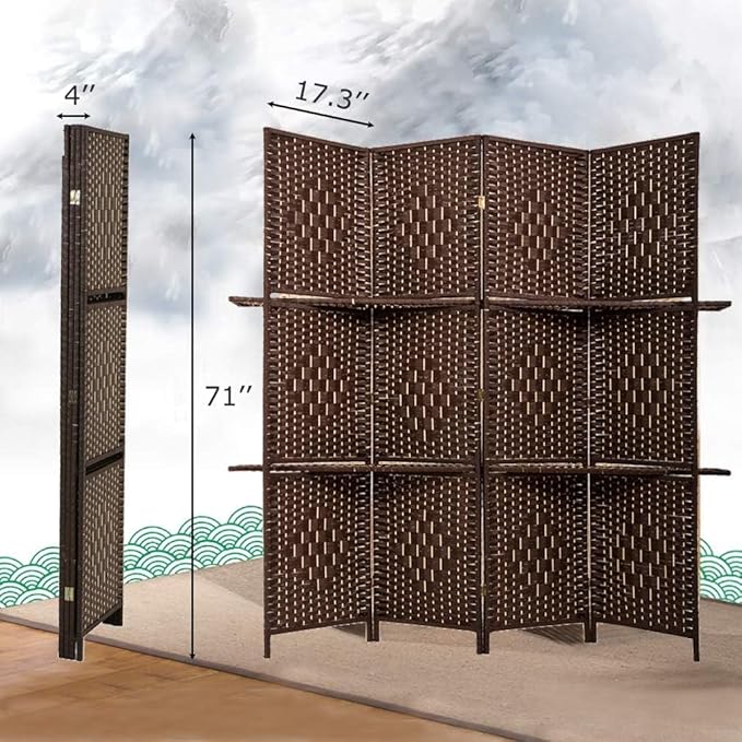 FDW Room Divider 4 Panel Room Screen Divider Wooden Screen Folding Portable Partition Screens Wood with Removable Storage Shelves Color,Brown