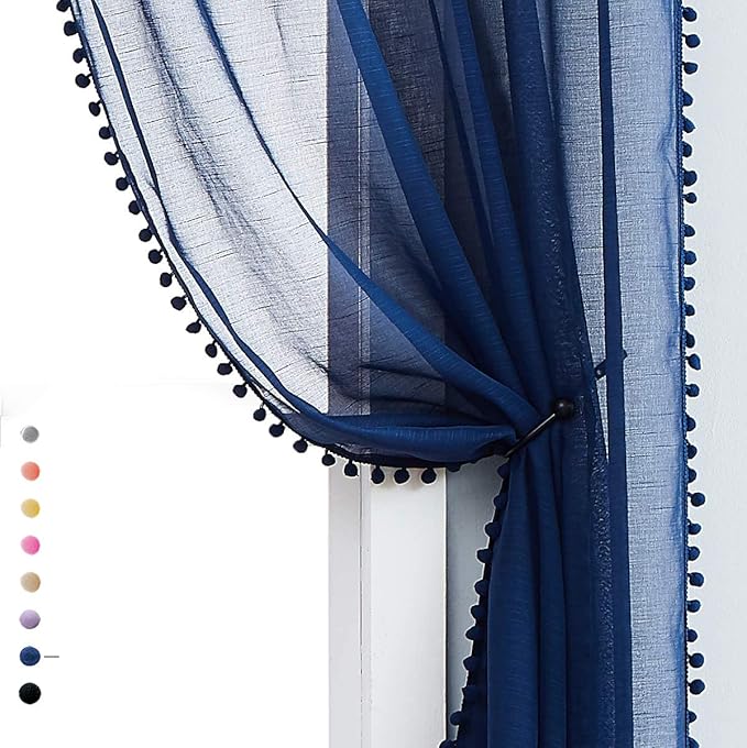 Treatmentex Sheer Blue Curtains for Bedroom Window 95 inches Long Linen Textured Pom-Pom Voile Drapers for Kids Bed Canopy Navy Rod Pocket 2Pack