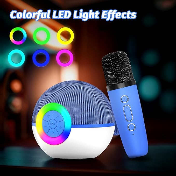 goopow Mini Karaoke Machine Speaker for Kids Adults, Portable Bluetooth Microphone Song Toys with LED Light, Best Chritmas Birthday Festival Gift for 3 4 5 6 7 8+ Year Old Girls Boys (Blue-2MIC)