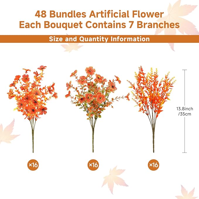 SHareconn 48 Bundles Artificial Fall Flowers for Outdoors Decoration,UV Resistant Silk Eucalyptus Lavender Faux Autumn Fake Plants for Outside Indoor Garden Yard Porch Home Decor,SunsetRedAutumnColour