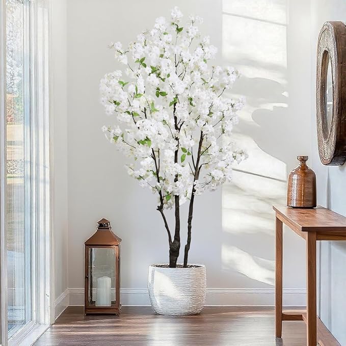 Large Artificial Cherry Blossoms Tree Indoor Faux Cherry Blossom Tree White 6FT Bedroom Trees for Home Decor