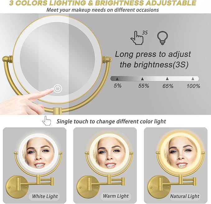 Make up Mirror Wall Mounted Lighted 10X Magnifying Hard Wired, Double Sides 3 Color Lighting Touch Dimming 360 Swivel Extended Arm Shaving Mirror for Bathroom, Brushed Gold