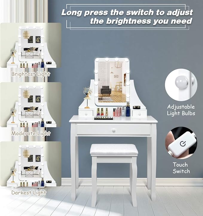 CHARMAID Vanity Set with Lighted Mirror, Makeup Table with 10 LED Dimmable Bulbs, 3 Drawers, 2 Dividers, Modern Bedroom Dressing Table Vanity Desk with Stool for Women Girls (White)