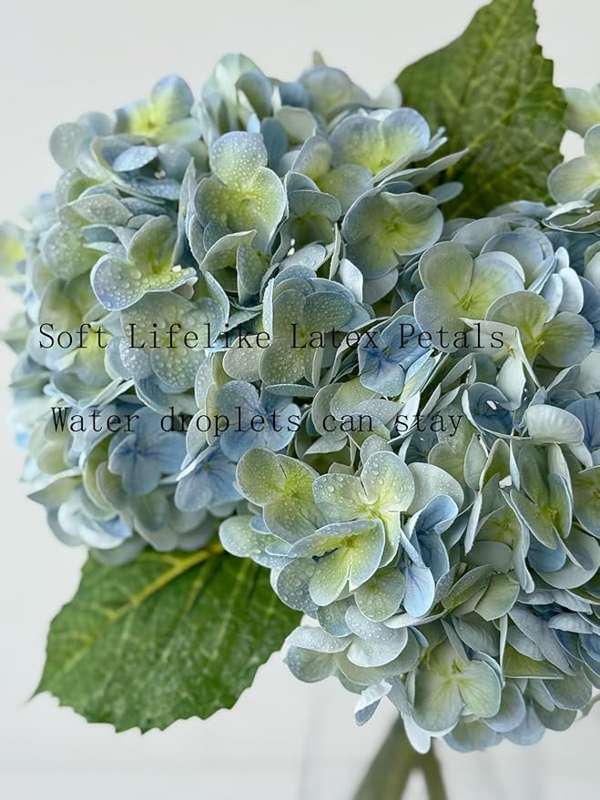 YalzoneMet 4Pcs Light Blue-Green Real Touch Hydrangea Artificial Flowers 21'' Faux Latex Hydrangea Flowers for Wedding Table Centerpieces Fake Flowers for Party Home Kitchen Living Room Decor