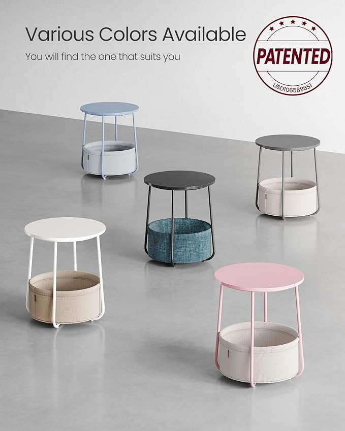 VASAGLE LILEA Collection - Small Round Side End Table, Modern Nightstand with Fabric Basket, Cement Gray and Cream White ULET223G49
