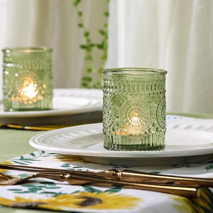 DEVI 24pcs Green Votive Candle Holders for Wedding, Glass Tea Lights Candle Holder, Green Baby Shower St. Patrick's Day Table Decor, Vintage Depression Glass Candle Holders for Table Centerpiece