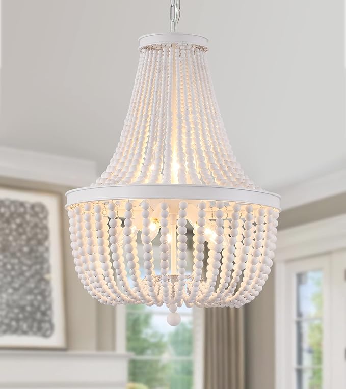 Q&S Beaded Chandelier Farmhouse White Wood Beaded Boho Light Fixture Vintage Antique 8 Lights for Dining Room Nursery Kitchen Foyer Bedroom Living Room UL Listed