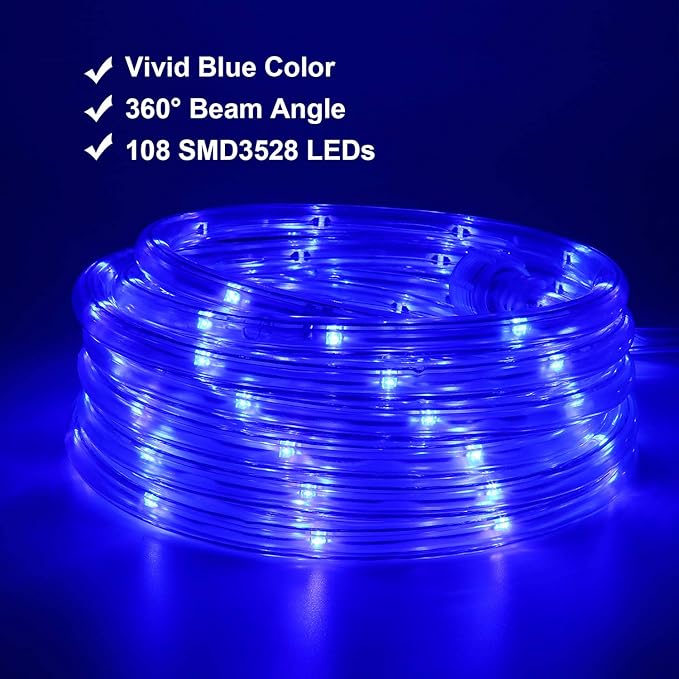 Blue LED Lights, 16ft Rope Lights, Connectable and Flexible Blue Strip Lighting, High Brightness 3528 LEDs with Clear PVC Jacket, Waterproof Weatherproof for Indoor Outdoor Use
