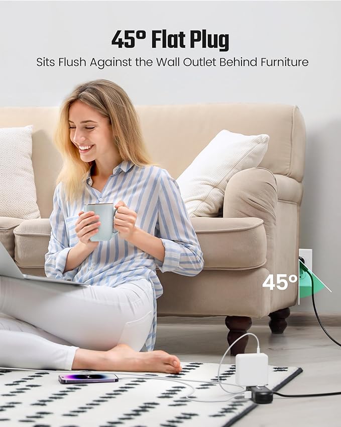 2Ft Extension Cord, SUPERDANNY Mini Surge Protector with 2 Wide-Spaced Outlets, USB Power Strip, 3 USB-A 1 USB-C, Flat Plug, Compact Size Desktop Charging Station Travel, Home, Office, Black