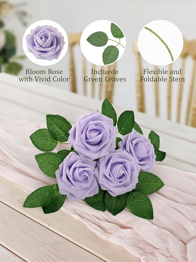 MACTING Artificial Lavender Flowers 30PCS Real Touch Fake Flowers with Stem Soft Foam Roses DIY Wedding Bouquet Boutonniere Table Centerpieces Party Spring Summer Home Decor