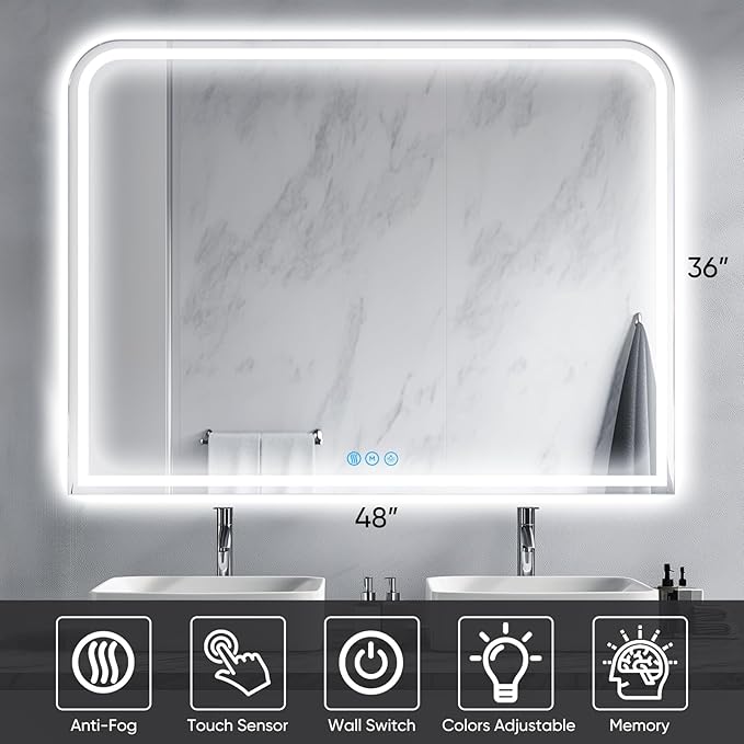 LED Bathroom Mirror, 48"x 36" LED Mirror with Lights for Bathroom, Lighted Vanity Mirrors for Wall, Anti-Fog, Dimmable, Tempered Glass, Memory Function, 3 Colors, Safe Use (White)
