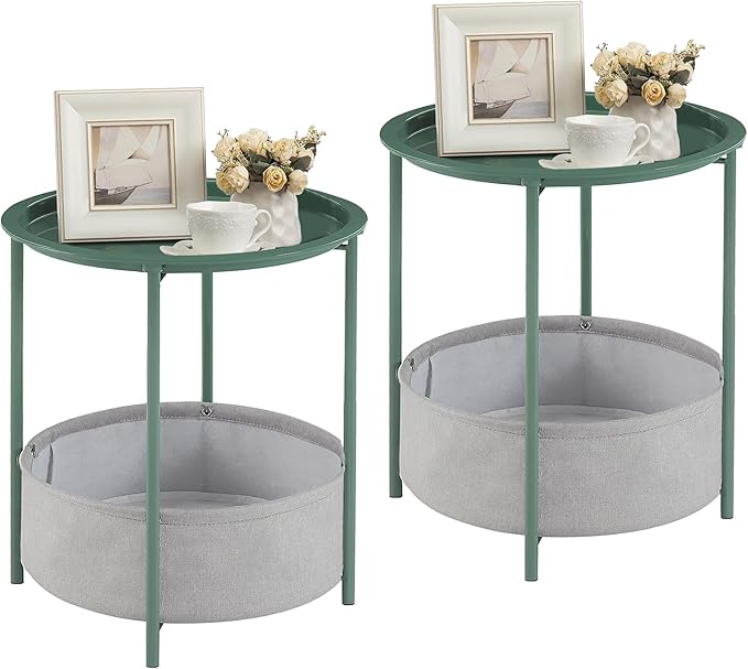 VECELO Round Side/End Table with Fabric Storage Basket，Metal Anti-Rust and Waterproof Small Bedside Nightstand with Removable Tray Top for Living Room，Balcony & Laundry，Dark Green /2pcs with Basket