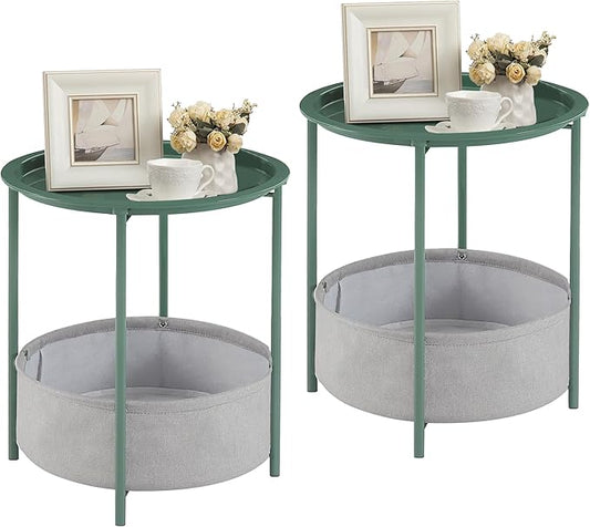 VECELO Round Side/End Table with Fabric Storage Basket，Metal Anti-Rust and Waterproof Small Bedside Nightstand with Removable Tray Top for Living Room，Balcony & Laundry，Dark Green /2pcs with Basket