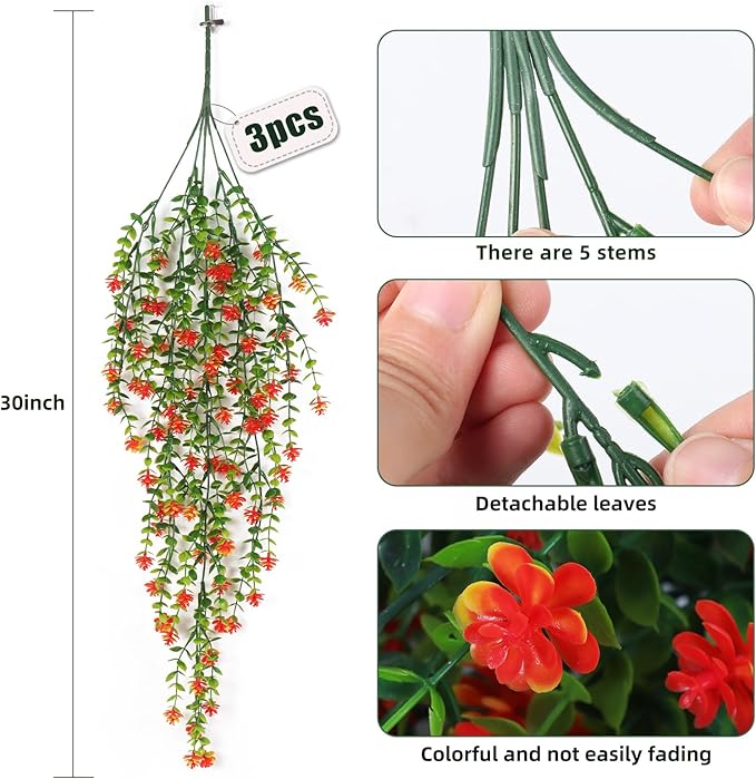 Faux Hanging Plants Hanging Greenery Outdoor Artificial Vines for Outdoors Hanging Plants with Flowers Artificial Hanging Plants Indoor Outdoor Wall Garden Wedding Interior Decoration(Orange Red)