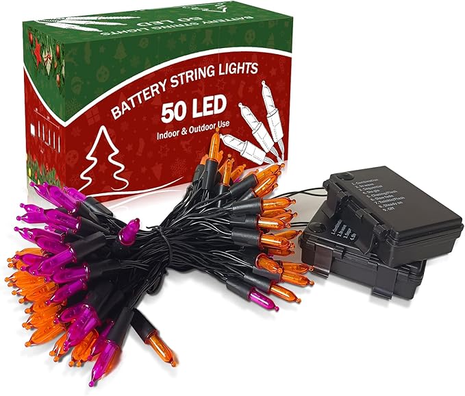 KOUQIYA Battery Halloween Lights, 2 Pack Total 100 LED 17ft Mini String Light with Auto-Timer 8 Modes Waterproof Tree Lights (Orange&Purple, 50 LEDs x 2 Pack)
